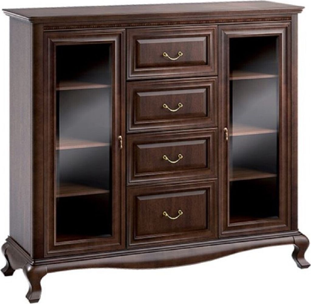 Casa Padrino Luxus Jugendstil Wohnzimmerschrank Dunkelbraun 148,3 x 45,6 x H. 133,2 cm - Massivholz Schrank mit 2 Glastüren und 4 Schubladen