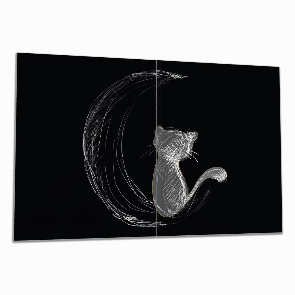 Wallario Herdabdeckplatte aus Glas, Größe 80 x 52 cm 2-teilig, Motiv Katze sitzt auf dem Mond - illustriert in weiß auf schwarz
