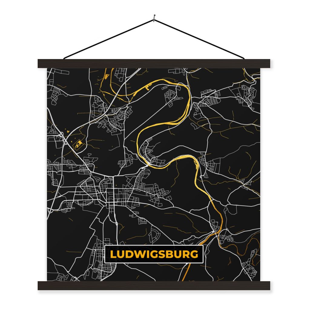 MuchoWow Textilposter Karte - Ludwigsburg - Gold - Stadtplan - Deutschland 90x90 cm mit schwarzem Rahmen - Magnetisches