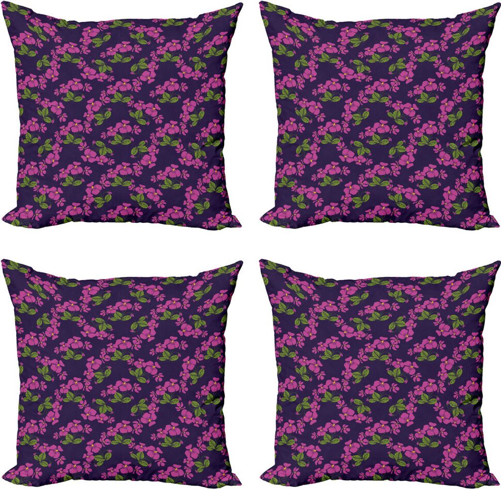 ABAKUHAUS Blumen Kissenbezug Set (4 Stück), Retro-Stil Violet Flora, Moderner Doppelseitiger Digitaldruck, 45 cm x 45 cm, Indigo Rosa Farn-Grün