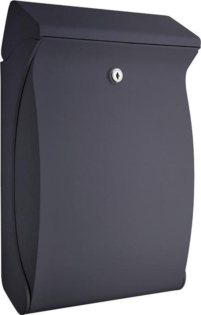 A dark gray mailbox is shown against a white background.
