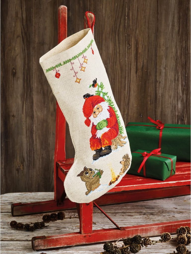 Permin Kreuzstich Stickpackung Weihnachtsstrumpf "Lesende Eule", Zählmuster, 27x44cm