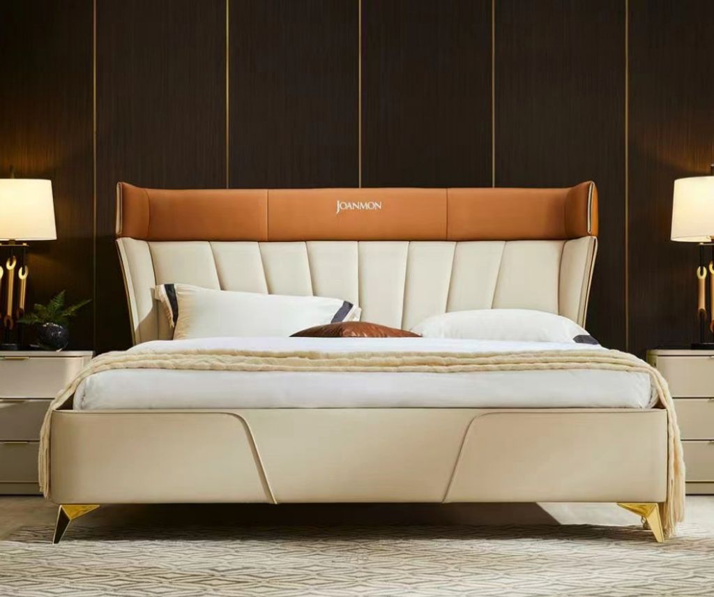 Schlafzimmer Beiges Doppelbett Lederbetten Holzgestell Textil Möbel