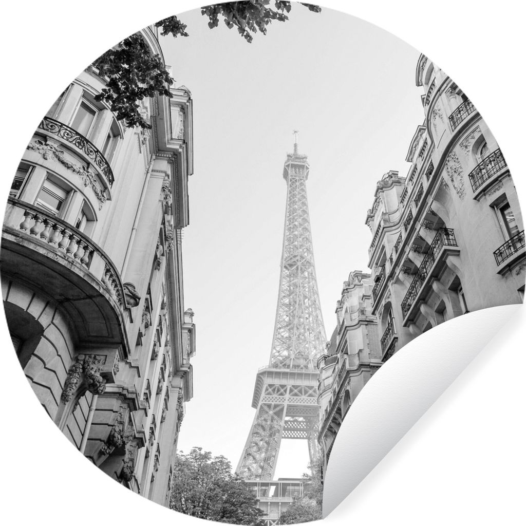MuchoWow Runde Wandtattoo - Wandsticker Tapete Aufkleber Frankreich - Schwarz - Weiß - Eiffelturm Ø 80 cm Selbstklebend und Repositionierbar - ...