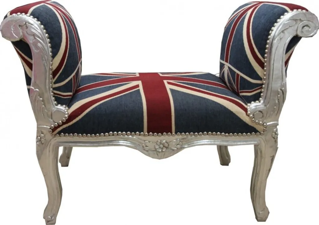 Tabouret Baroque Union Jack Argent pour Bout de Lit ou Entrée Chic