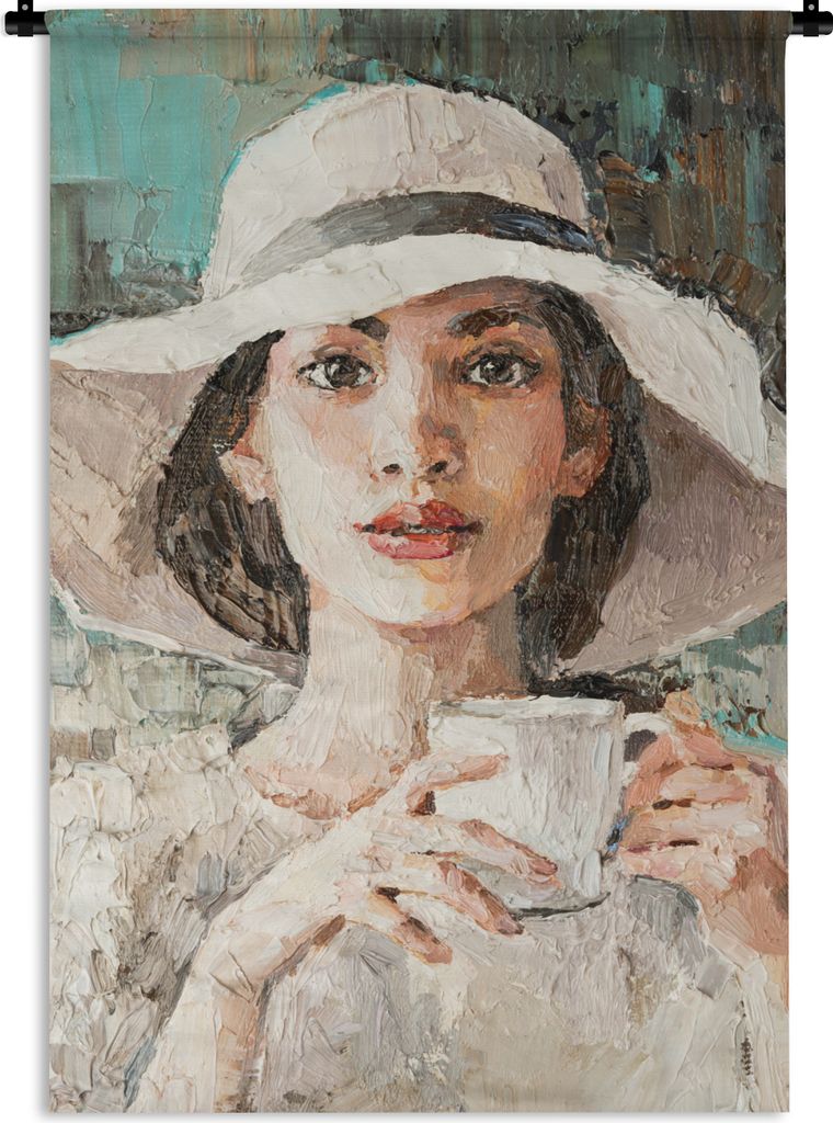 MuchoWow Wandteppich Wandbehang Gemälde - Frau - Ölzeug - Hut - Kaffee 120x180 cm Tapisserie Dekoration Wandtuch - Schlafzimmer - Dekorationen ...