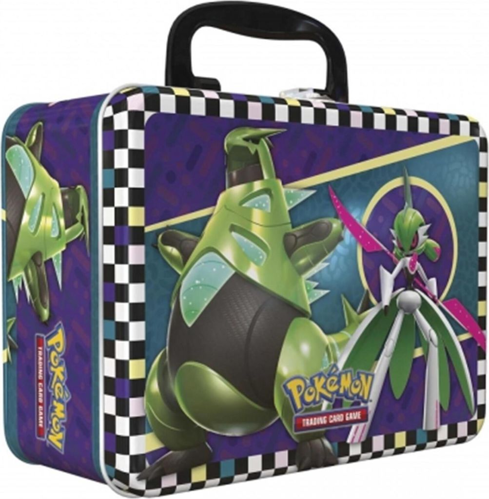 A Pokémon trading card game collector's tin featuring two Pokémon characters.