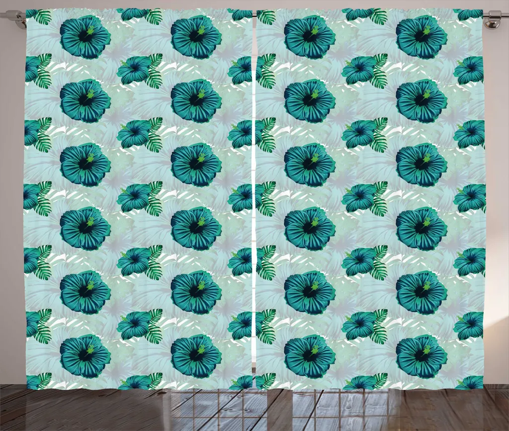 ABAKUHAUS Tenda tropicale rustica, Hawaiian Jungle Hibiscus, tenda con passanti e ganci per camera da letto, 280 x 175 cm, Seafoam Teal