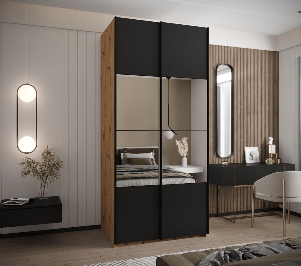 Zweitüriger Kleiderschrank SAMARA 4 - 100 cm, Eiche handwerklich / schwarz / schwarz