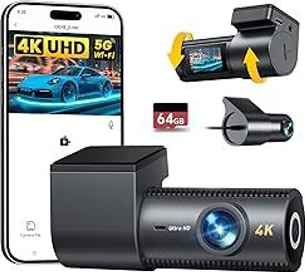 CIEVIE 4K+1080P Dashcam Auto Anteriore Posteriore con scheda SD da 64 GB, WiFi 5 GHz Dashcam con display IPS da 1,5", grandangolo da 170°, sensore G, visione notturna WDR, registrazione in loop, controllo tramite app, supporta fino a 256 GB - 1
