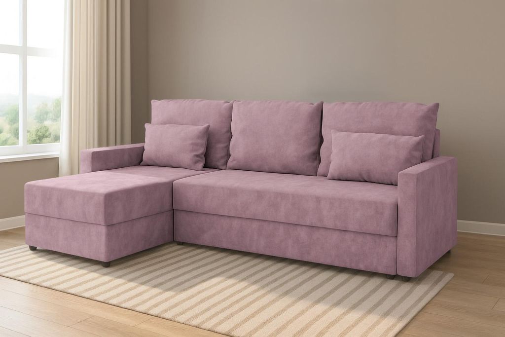 Ecksofa **KUBO L** mit Schlaffunktion **120 × 200 cm**, Bettkasten, universell links/rechts montierbar, **Kronos 27 Rosa**, **226 cm**.