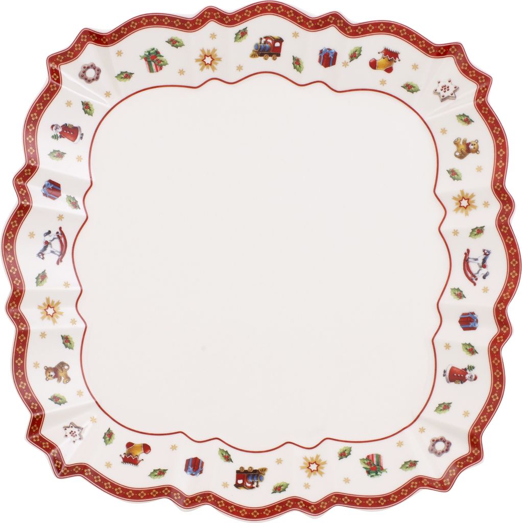 A square plate with a scalloped edge and a festive Christmas-themed border pattern.