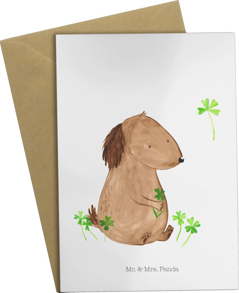 Mr. & Mrs. Panda Grußkarte Hund Kleeblatt - Weiß - Geschenk, vatertagskarte, Motivation, Grußkarten, weihnachtskarten, Sprüche, einladungskarte...