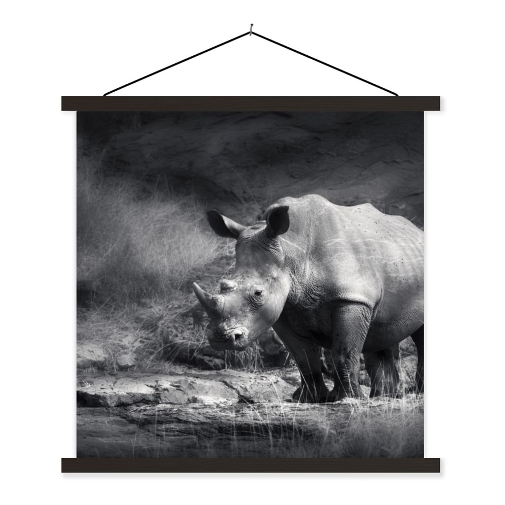 MuchoWow Textilposter Rhinozeros - Natur - Gras - Schwarz - Weiß 40x40 cm mit schwarzem Rahmen - Fotos