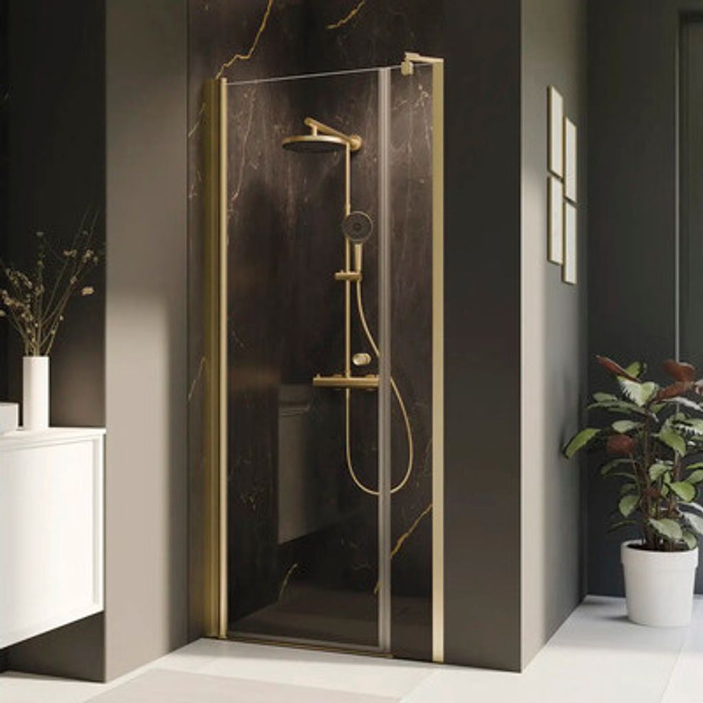 Duschtür in Nische mit Drehtür an Festteil BREUER Elana 2.0 rund 120 cm Profil gold Klarglas Türanschlag rechts