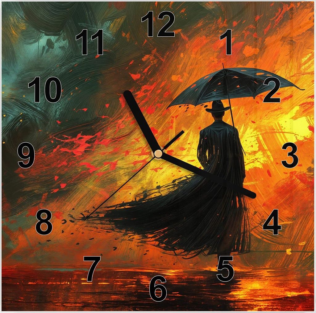 Wanduhr aus Glas mit Motiv Mann Mit Regenschirm- 30 x 30 cm - inkl. Aufhängesystem