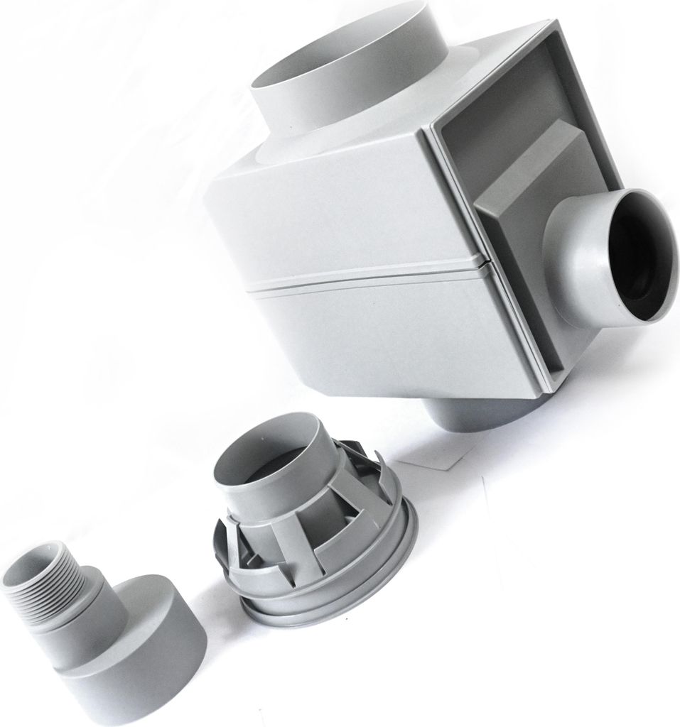 A product shot of a grey rain diverter and its components on a white background.