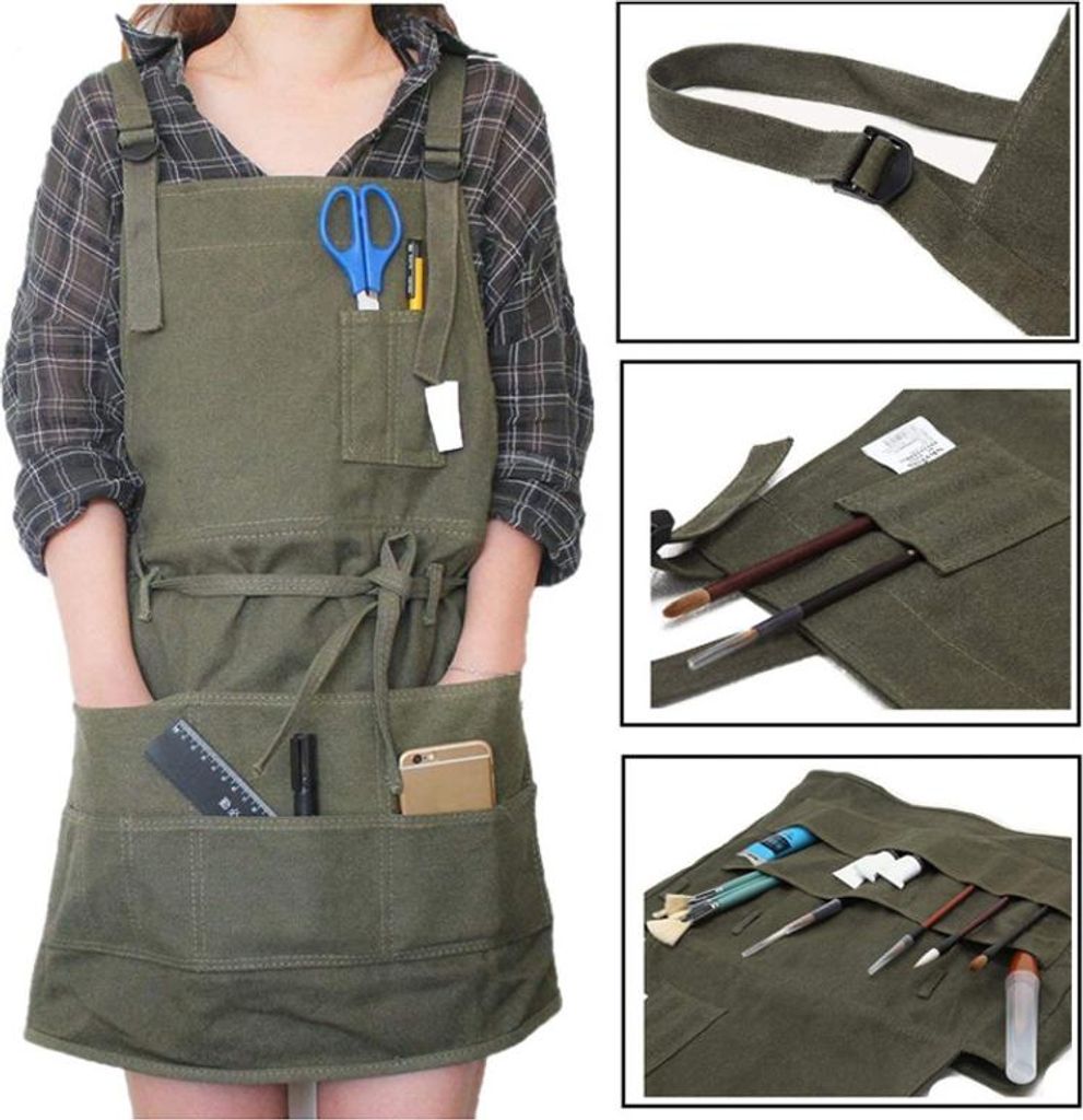Professionelle Canvas-Schürze mit Taschen für Damen und Herren, Armeegrün, verstellbar (71 × 95 cm)