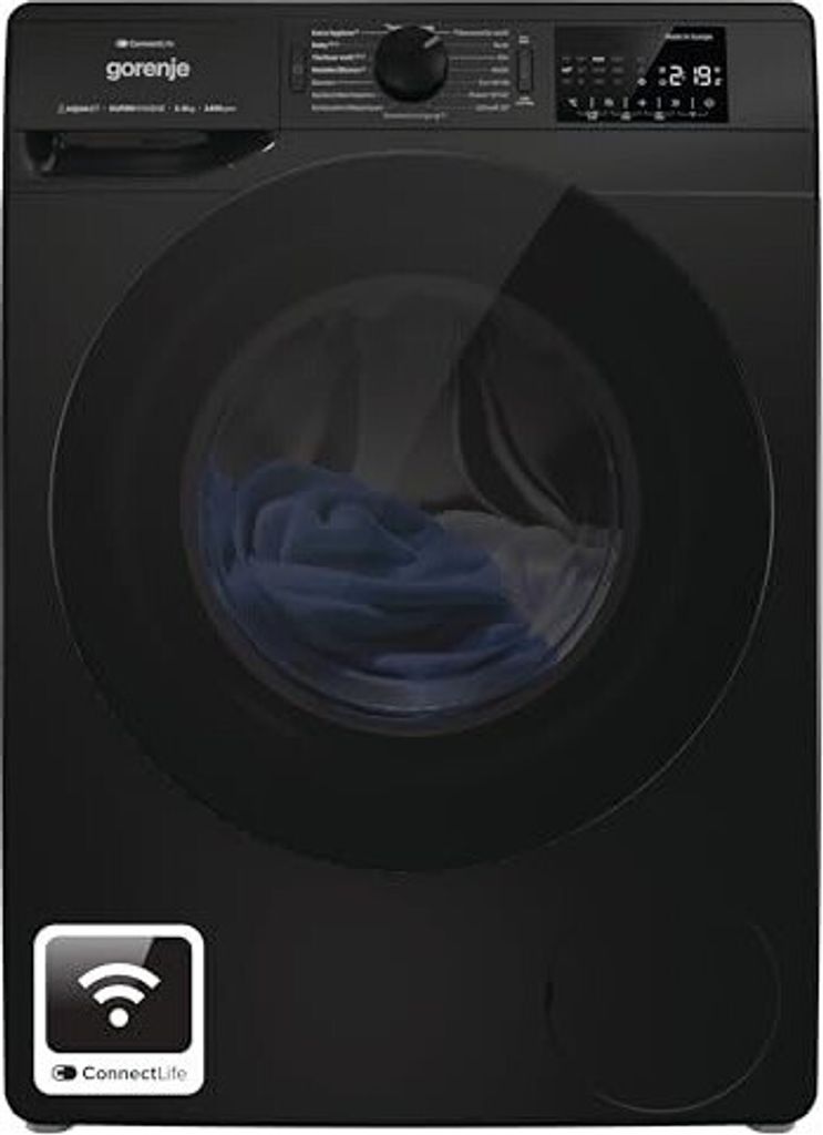 A front view of a black washing machine with a glass door revealing laundry inside.