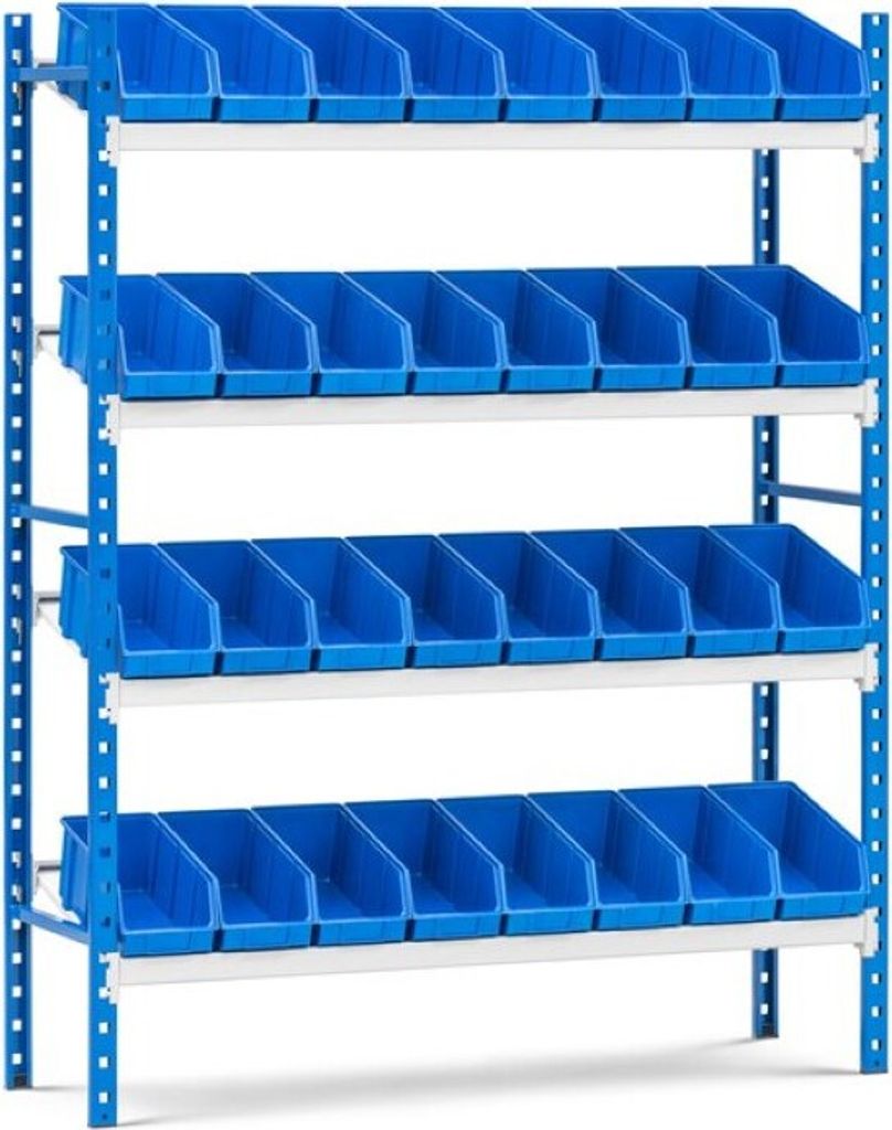 Schrägbodenregal MAXIMUS mit 32x Sichtlagerboxen à 5,6L | Fachlast 130kg | Grundregal | HxBxT 160x125x40cm | 4 Ebenen | Lichtblau/Lichtgrau