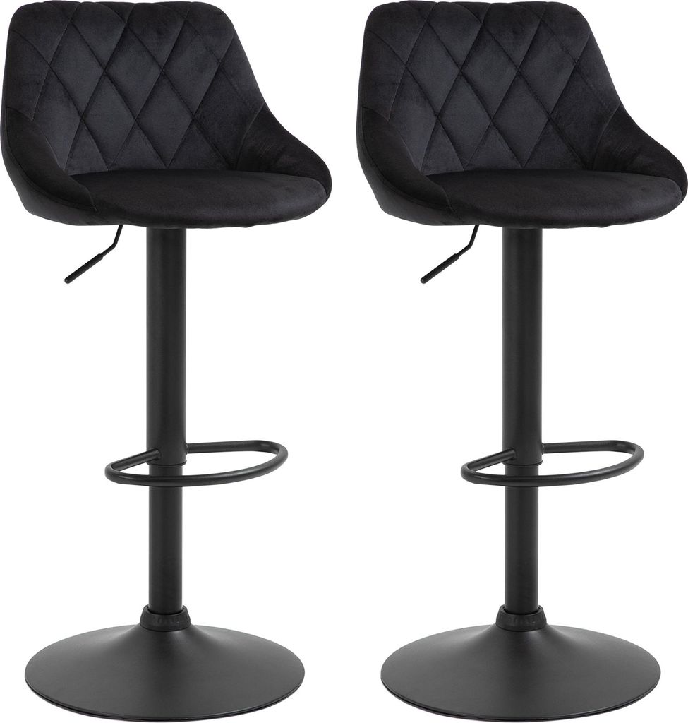 Barhocker 2er-Set Barstuhl mit Lehne, Samt-Optik, Stahlgestell, Höhenverstellbare Küchenstühle mit Fußstütze Drehbar Tresenhocker, Schwarz
