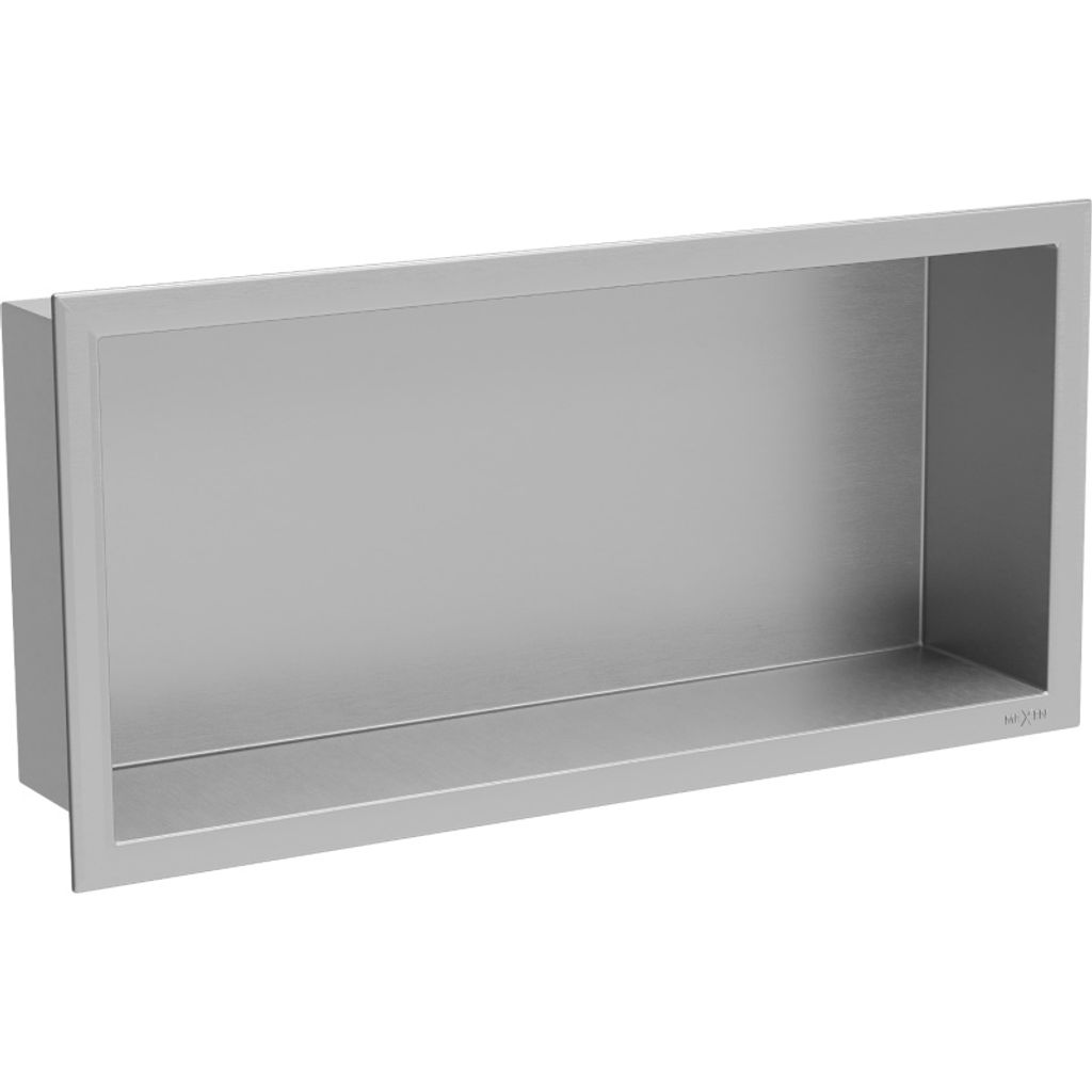A single, silver-colored, rectangular recessed shelf is shown against a white background.