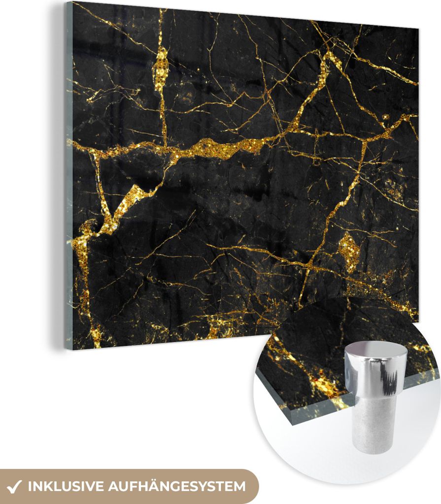 MuchoWow Glasbilder - Bilder auf Wandbild - Foto auf Glas Marmor - Gold - Schwarz - Marmoroptik - Luxe - Glitzer 80x60 cm Wanddekoration aus Glas -...