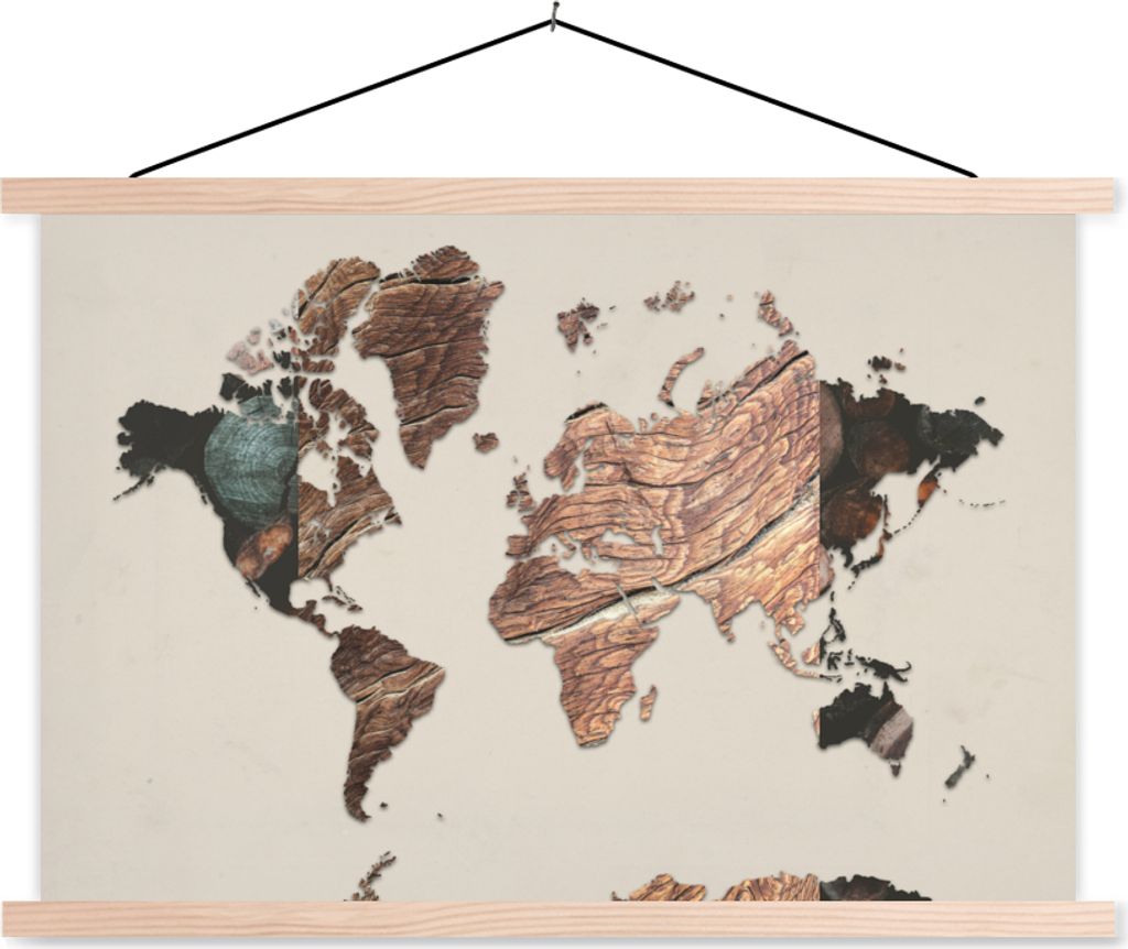 MuchoWow Textilposter Weltkarte - Holz - Braun 60x40 cm mit holzfarbenen Rahmen - Bilder