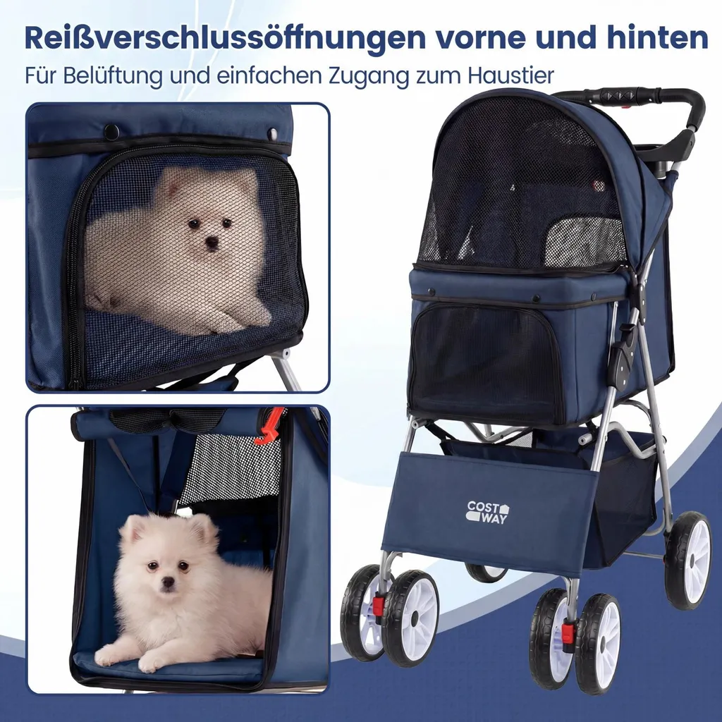 Poussette animaux avec auvent réglable pour petits chiens et chats Bleu - 4