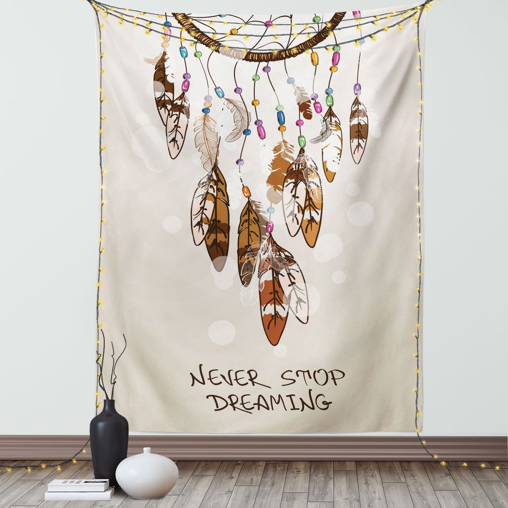 ABAKUHAUS Bohemien Wandteppich, Traumfänger Federn Design Nie aufhören zu träumen Typographie Cartoonish Stil, Wohnzimmer Schlafzimmer Seidiger ...