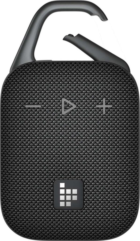A black portable Bluetooth speaker with a carabiner clip attached.