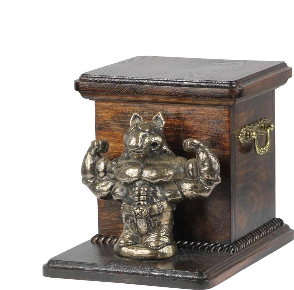 Bull Terrier, Bullterrier II - Eine Urne für die Asche eines Hundes mit einer Statuette, eine elegante Urne für einen Hund, eine außergewöhnlic...