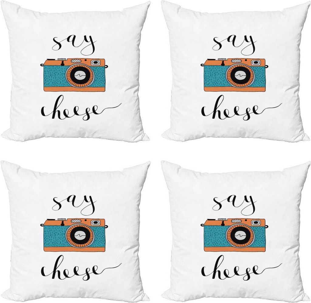 ABAKUHAUS Kamera Kissenbezug Set (4 Stück), Say Cheese Beschriftung Foto, Moderner Doppelseitiger Digitaldruck, 60 cm x 60 cm, Teal Weiß Schwarz