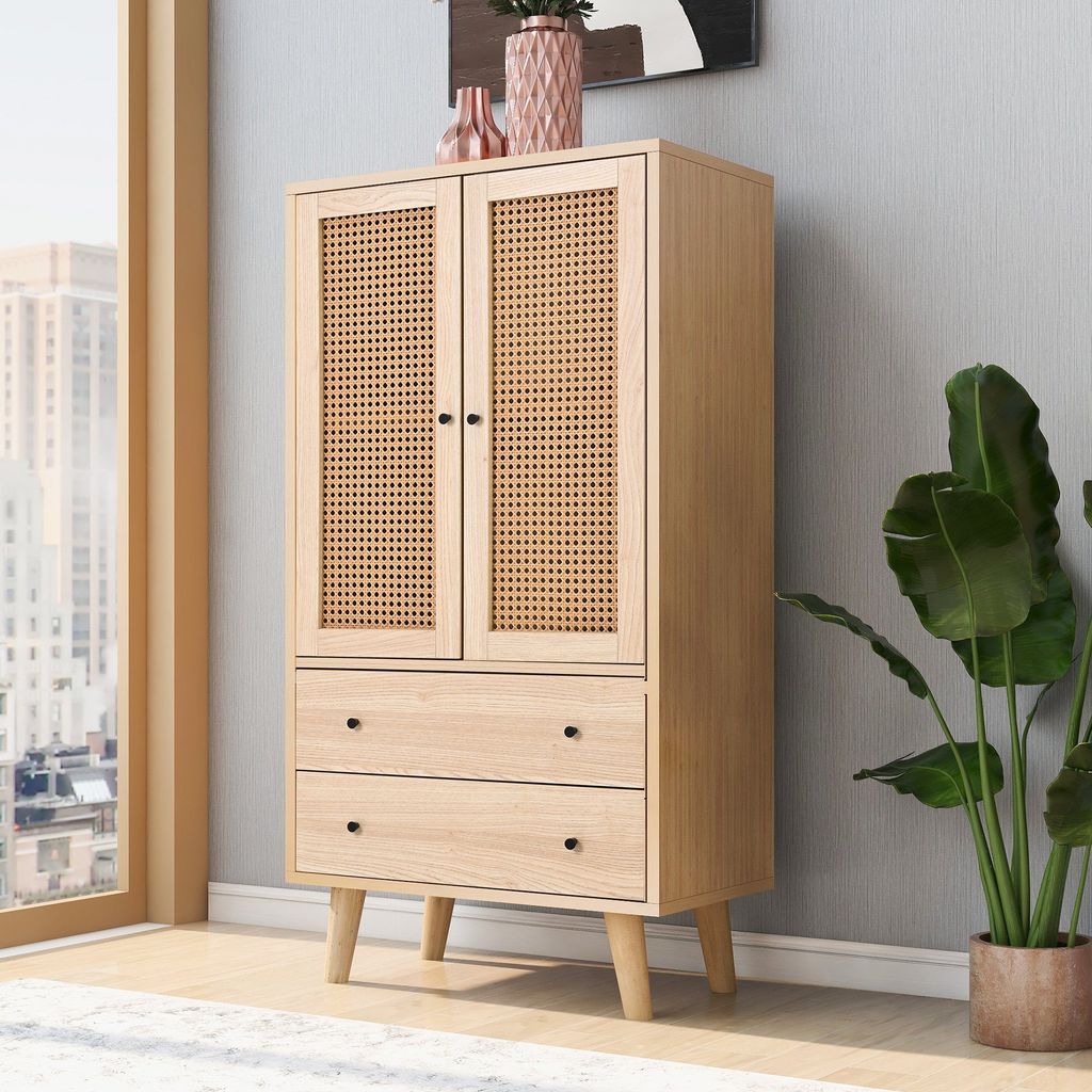Sweiko hoge kast, dressoir met rieten deuren en 2 lades, Productafbeelding 