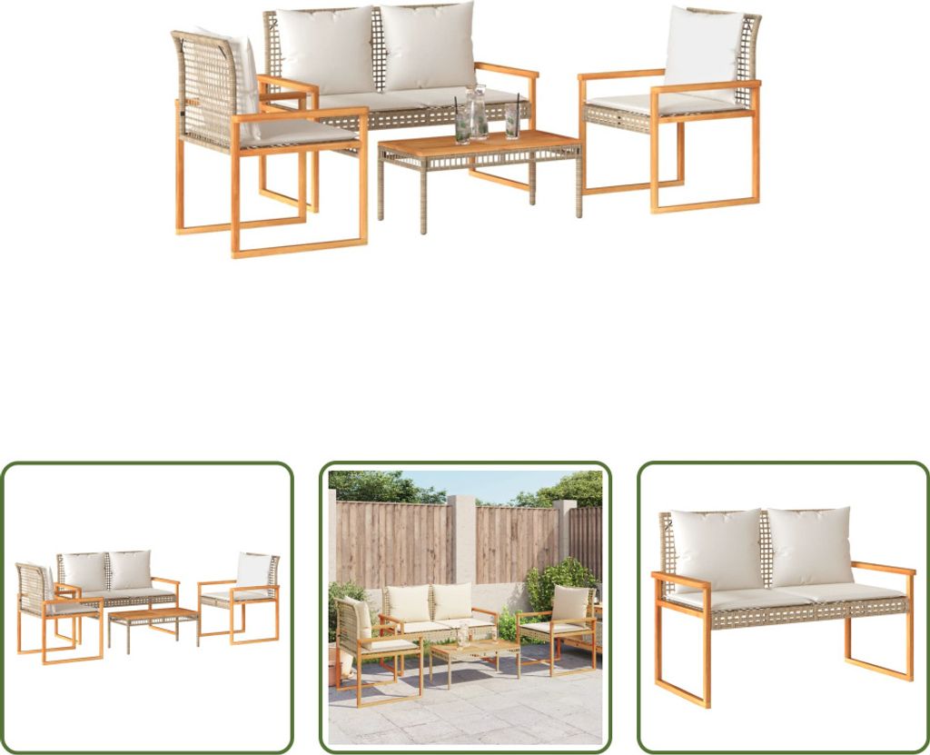 The Living Store 4-tlg. Garten-Lounge-Set mit Kissen Beige Poly Rattan