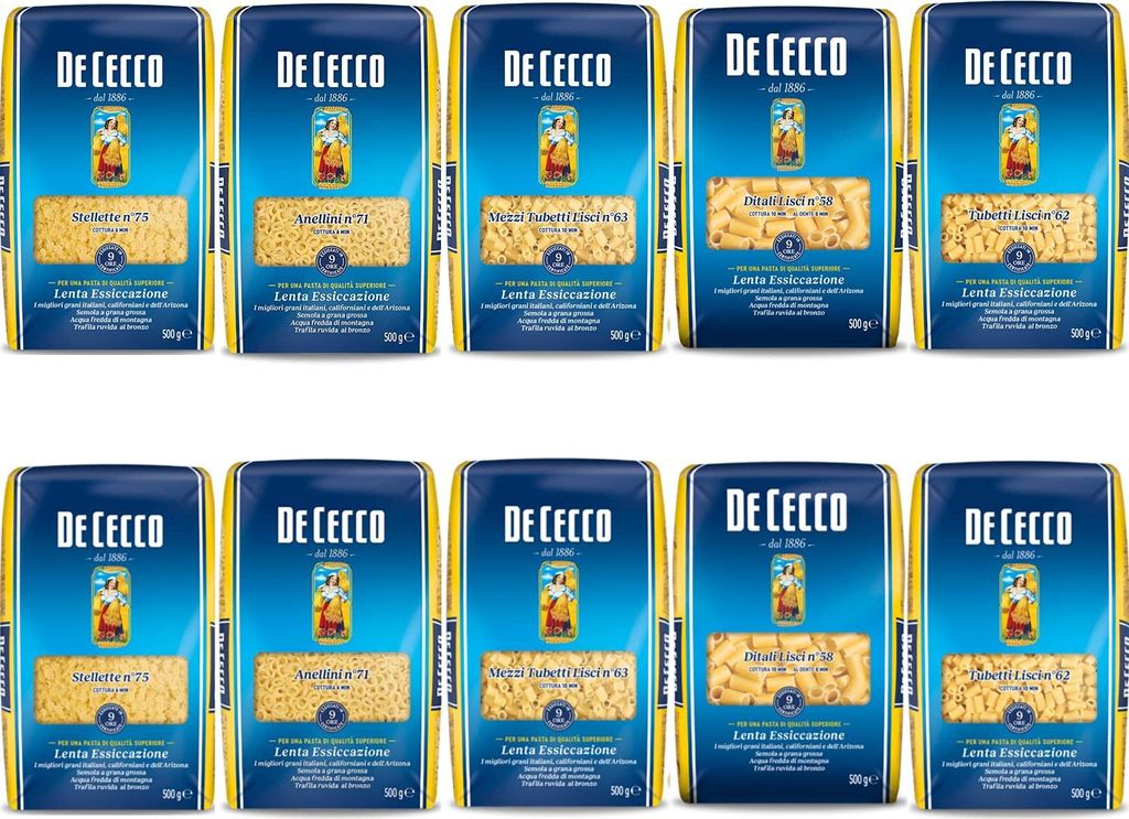 TESTPAKET Pasta De Cecco italienisch (10 x 500g) 5 Arten von Nudeln kleine Nudeln (Stellette - Anellini- Mezzi Tubetti Lisci - Ditali Lisci - Tubet...
