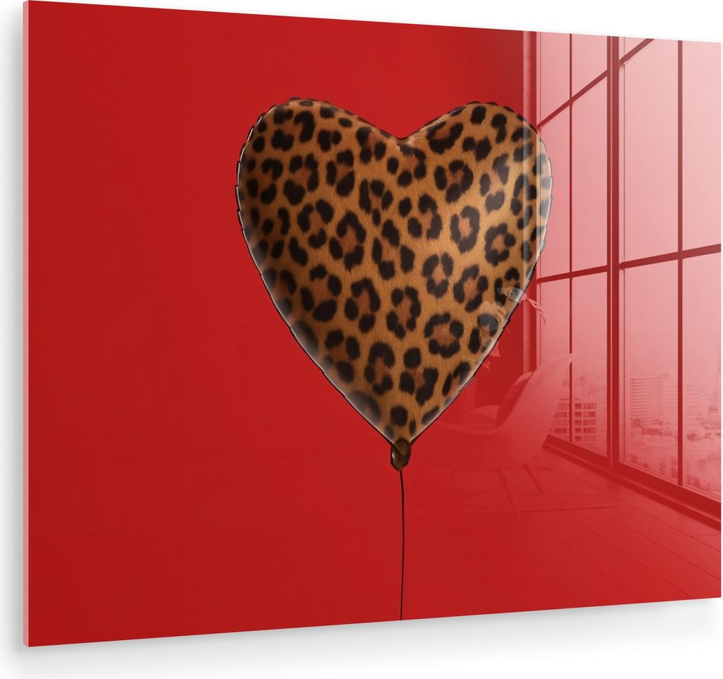MuchoWow Glasbilder - Bilder auf Wandbild - Foto auf Glas Ballon - Herzform - Rot - Panther-Muster 40x30 cm Wanddekoration aus Glas - Acrylglasbild...