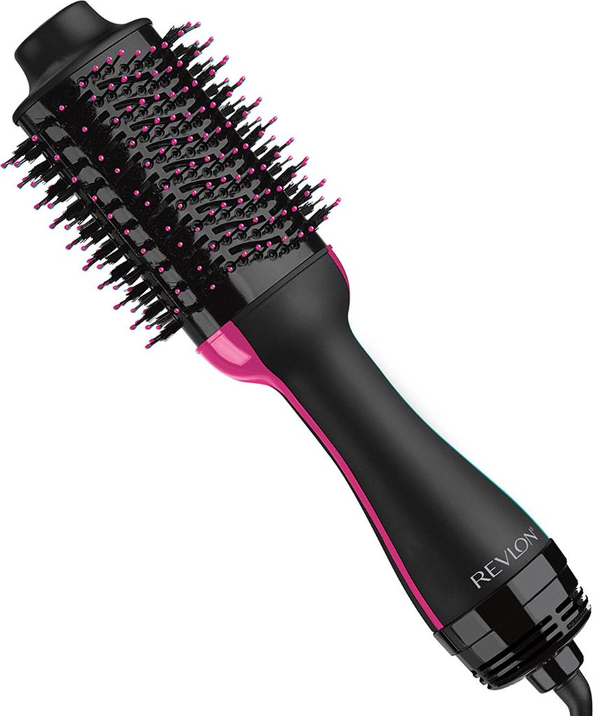 A black and pink Revlon hot air brush is shown against a white background.
