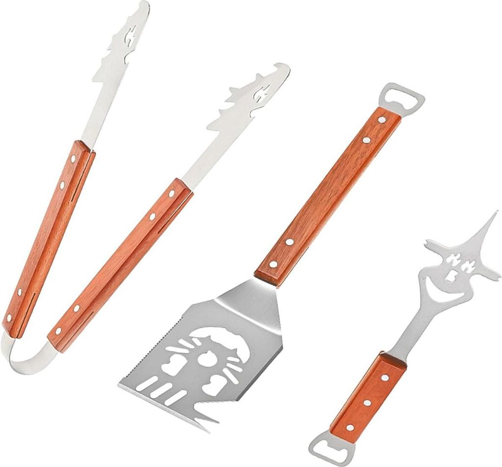 Grillbesteck Set Edelstahl mit Holzgriff - BBQ Zange, Gabel & Wender im 3er Set, robust & hitzebeständig, inkl. Aufbewahrungsbox