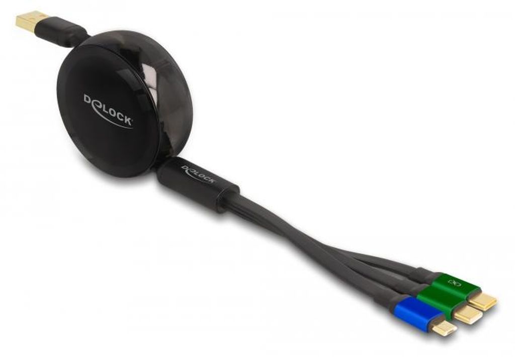Delock USB Aufrollladekabel 3 in 1 Typ-A zu Micro USB / 2 x USB Type-C