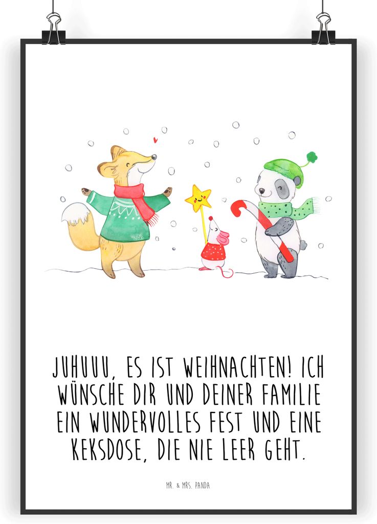 Mr. & Mrs. Panda Bild Winter Weihnachtsfreude DIN A4 - Weiß - Geschenk, wanddeko, Weihnachtsbaum, Fuchs, Weihnachten, Wandbild, drucke, Weihnachts...