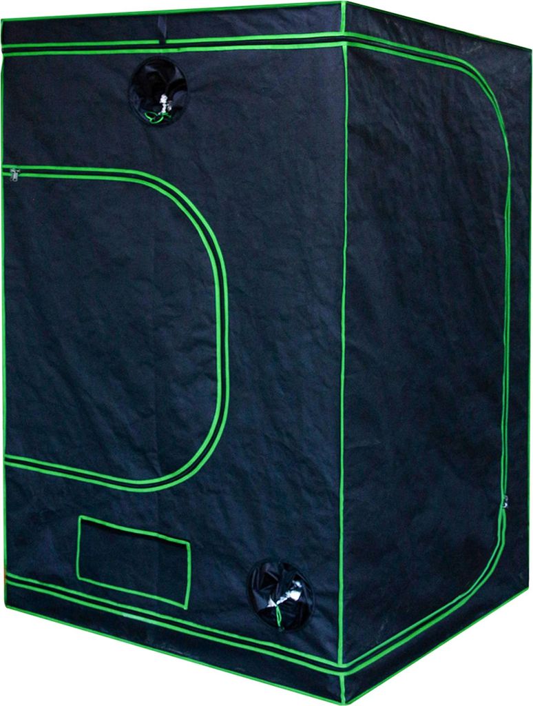 A black grow tent with green trim and ventilation ports.