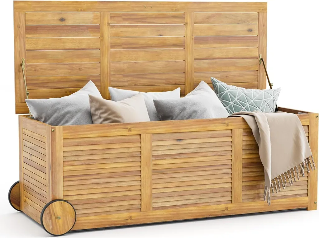 Rangement jardin bois 182L pour coussins avec banc sur roulettes
