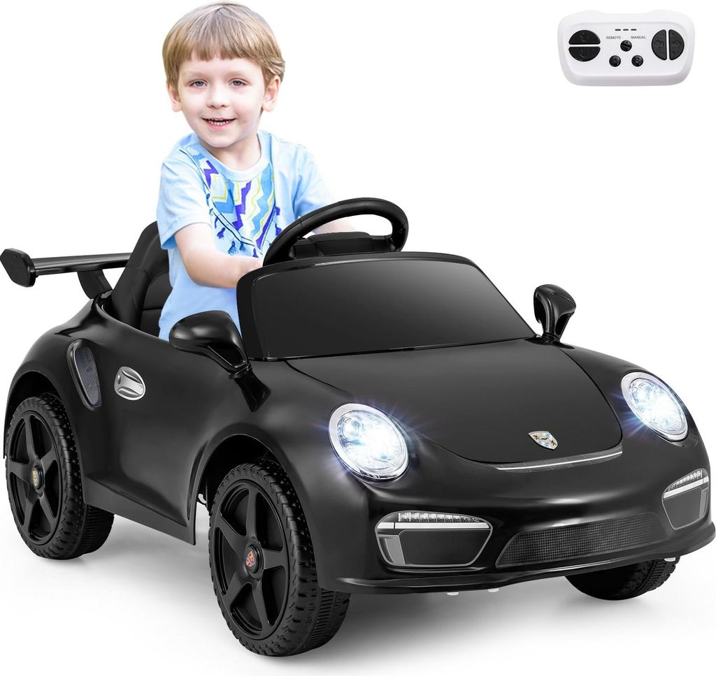 GOPLUS Kinder Elektroauto 12V, Porsche Kinderfahrzeug mit Musik, Hupe & Scheinwerfer, USB, Elektrofahrzeuge für Kinder ab 3 Jahre (Schwarz)