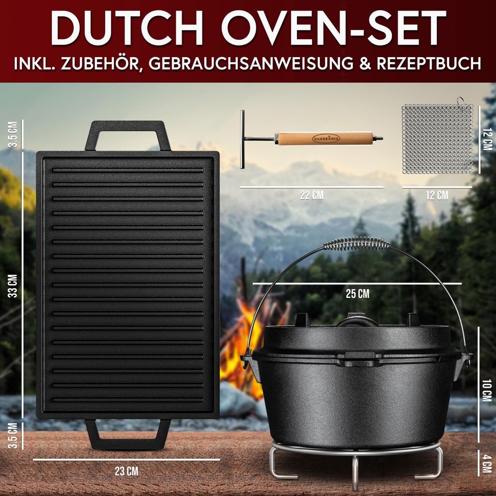 GUSSKÖNIG 9 Liter Dutch Oven Set mit Füßen | Eingebrannter Feuertopf | 2in1 Deckelheber | Bürste