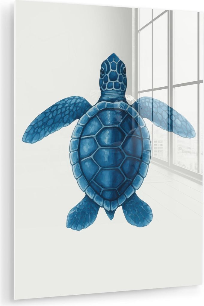 MuchoWow Glasbilder - Bilder auf Wandbild - Foto auf Glas Schildkröte - Blau - Schild 60x80 cm Wanddekoration aus Glas - Acrylglasbild - Acrylbild...