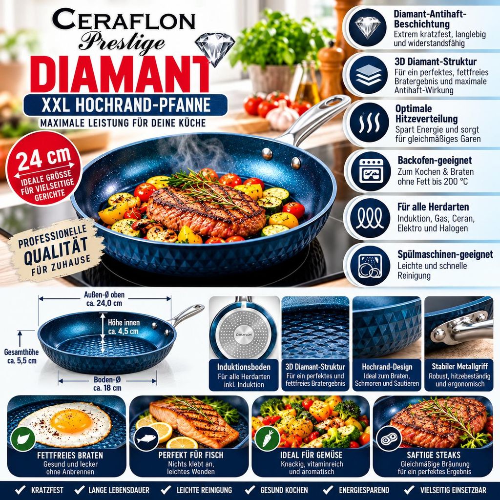 CERAFLON Prestige DIAMANT XXL Hochrand-Pfanne Ø 24 cm – Produktbild 