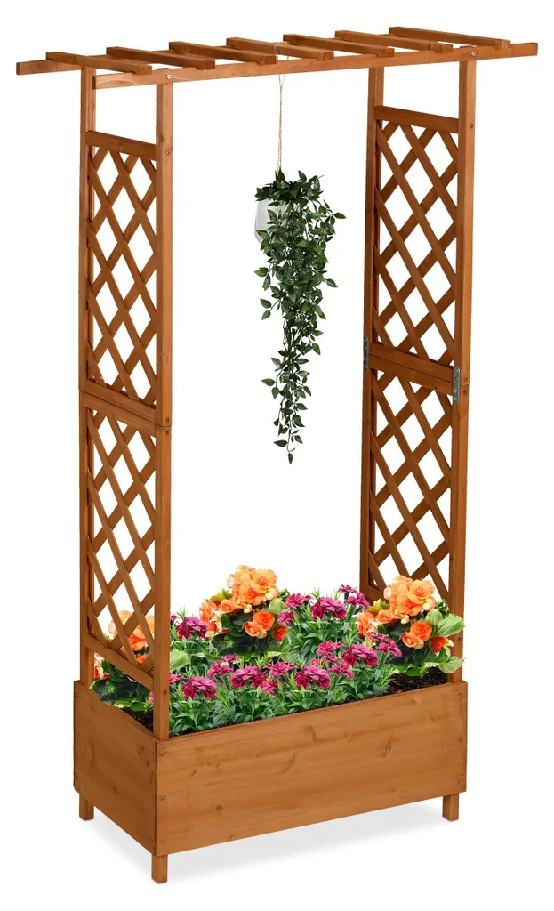 Bac à fleurs en bois avec treillis décoratif et toit gris anthracite