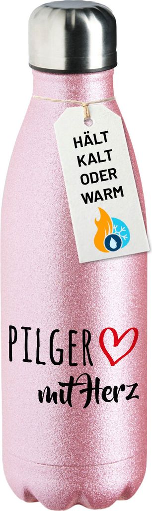 Huuraa Trinkflasche Pilger mit Herz 500ml Pink Edelstahl Wasserflasche Trinkflasche Geschenkidee