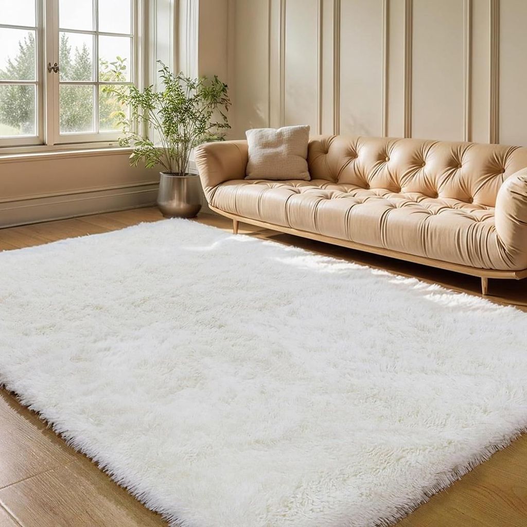 Shaggy Schlafzimmerteppich 160 x 230 cm, weicher, rutschfester Teppich, Wohnzimmer-Bodenmatte, Wei?